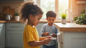 Family practicing electrical safety at home with their child