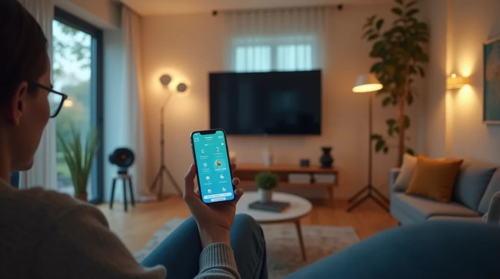 Homeowner controlling smart home devices through a mobile app