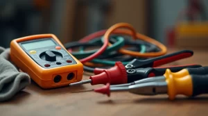 A multimeter, insulated screwdriver, and insulated pliers on a workbench for basic electrical maintenance