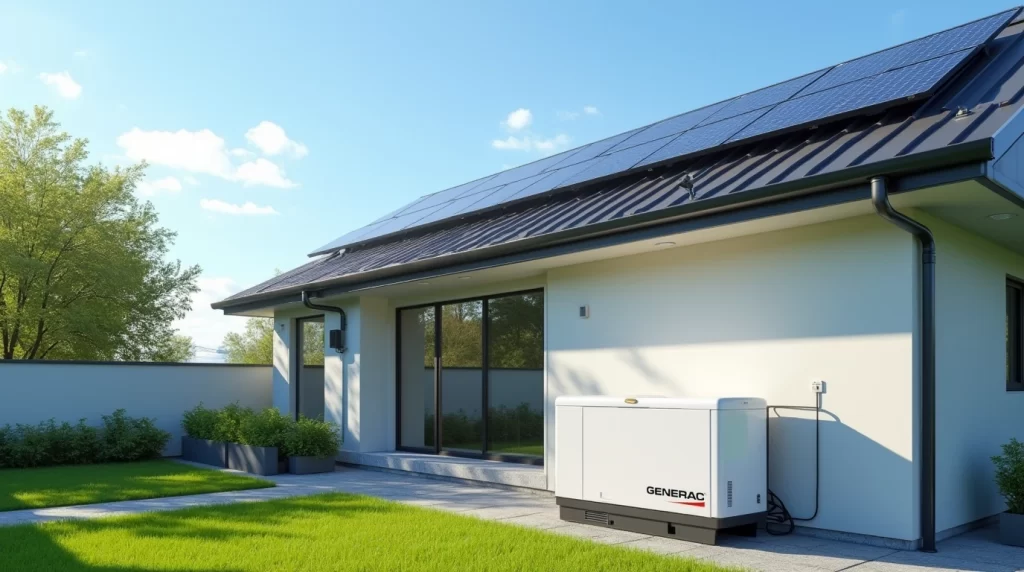 A solar panel roof system with a standby generator installed nearby, representing hybrid energy integration for modern homes